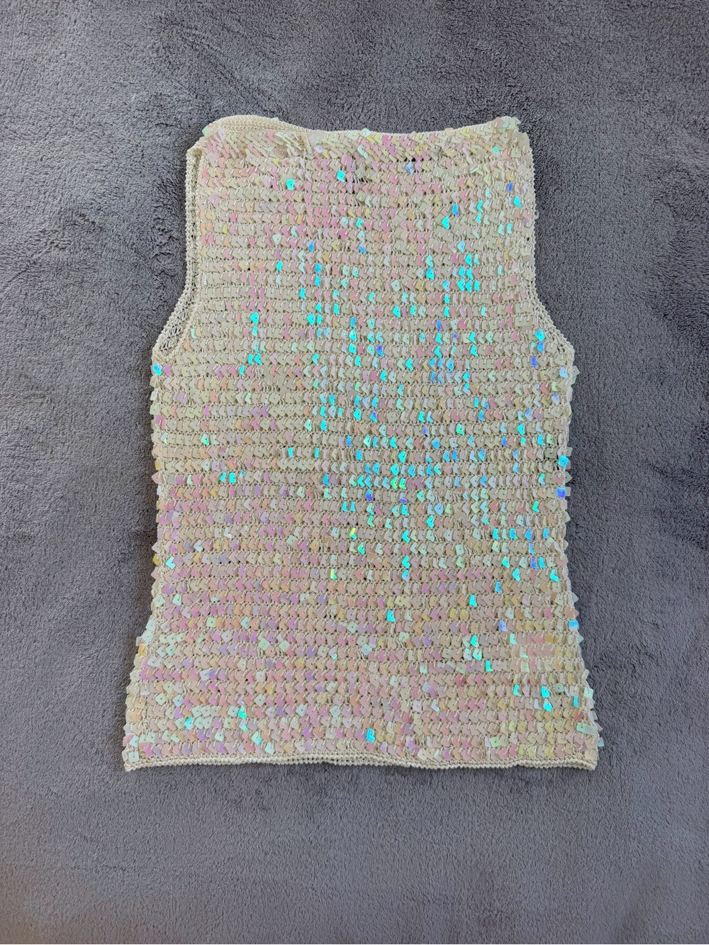 Iridescent Sequin Knit Tank Top - Cream Pink Sparkle Size S